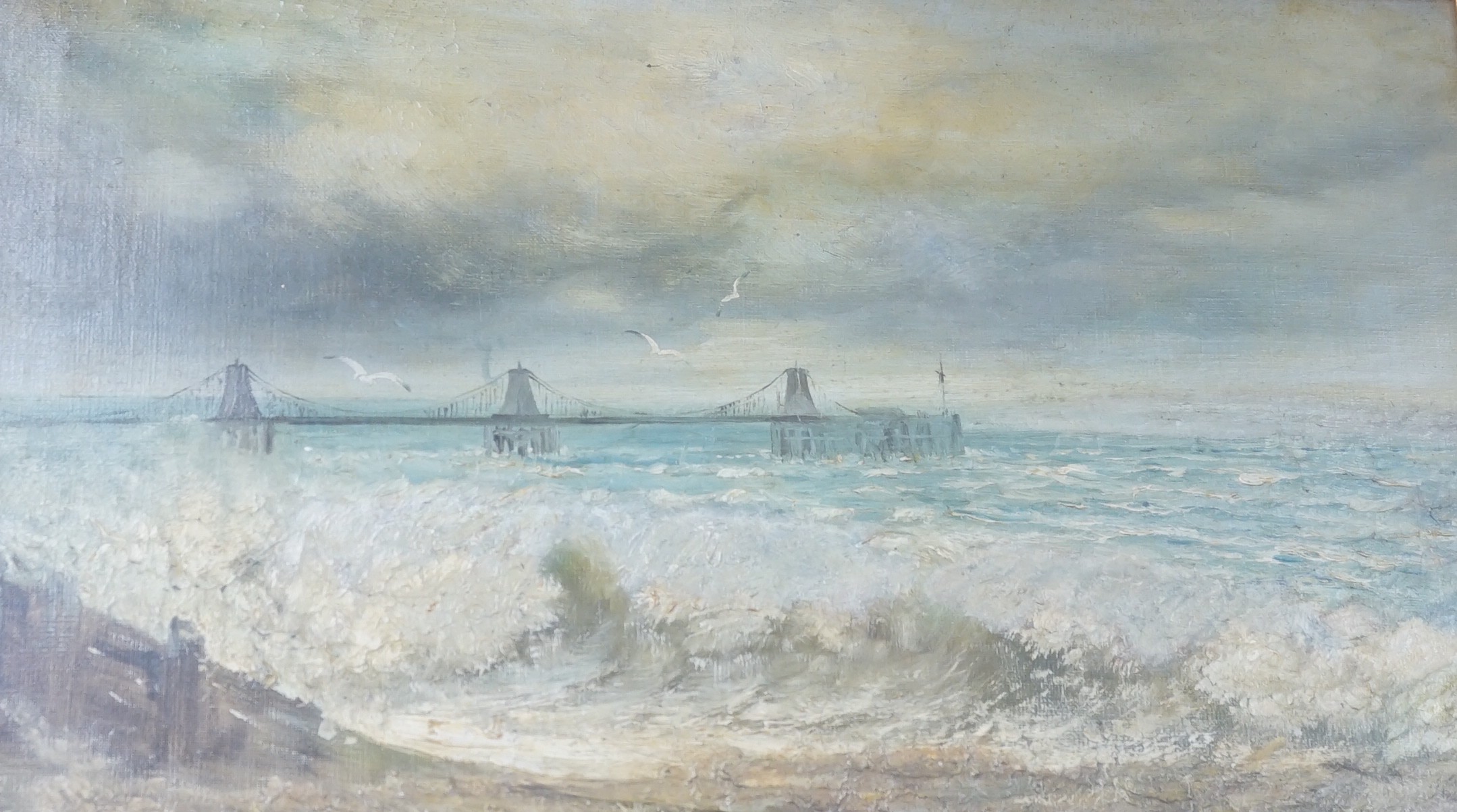 William Henry Borrow (1863-1901), pair of oils on canvas, The Brighton Chain Pier before and after its destruction in December 1896, signed, 68 x 47cm